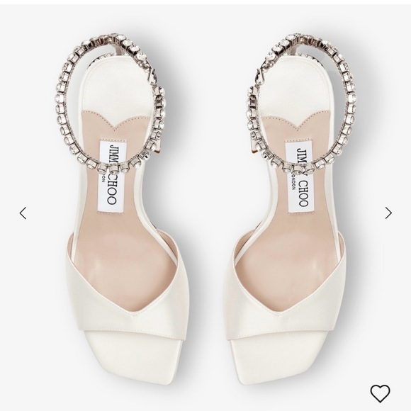 White Satin Crystal-Ankle Strap Heeled Sandals- Yellow App 💛 - Picture 4 of 6